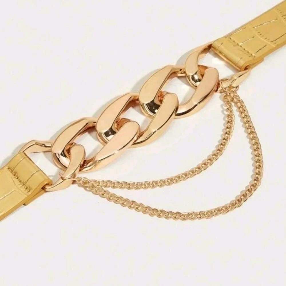 New Women's Gold Tone double Chain Belt‎  Adjustable  metal×leather 44 inches